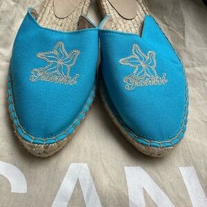 Ganni Embroidered Canvas Espadrilles Slip On Shoes Turquoise s41 10.5 NWT